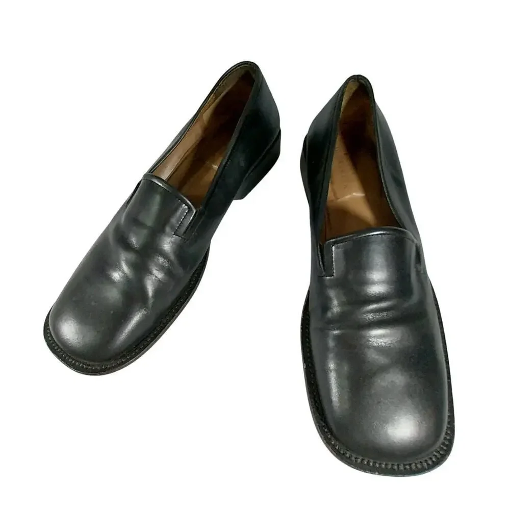 BCBGMAXAZRIA! FAB BLACK GENUINE LEATHER SQUARE TOE, STACK HEELS LOAFERS! SZ 8.5D